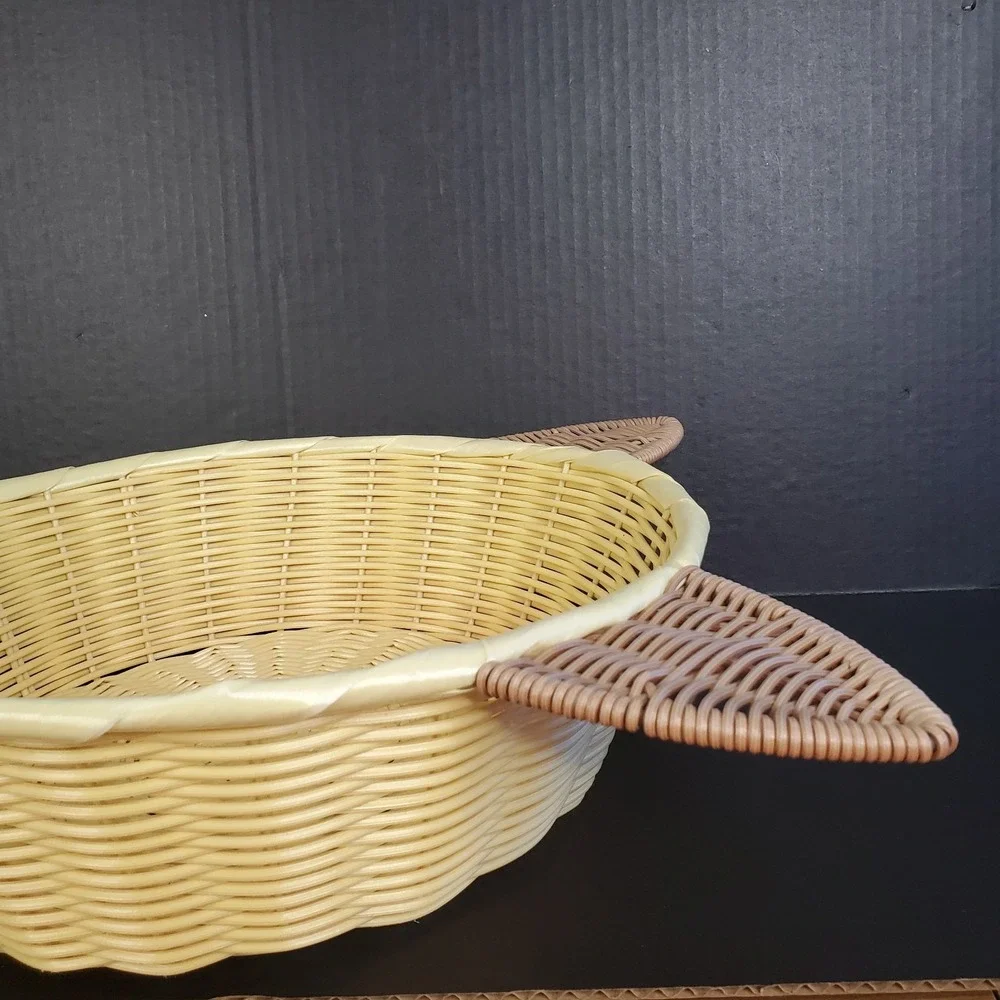 Faux Wicker Woven Cat Ears‎ Round Pet Bed Basket 14x15x4.5